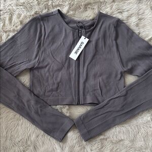 Garage Charcoal Ribbed Zip-Up Crop Top
